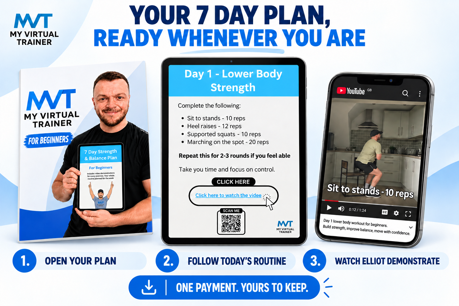 Preview of the MVT 7-Day Strength and Balance Plan showing the downloadable plan, a daily routine and optional video demonstrations from Elliot.